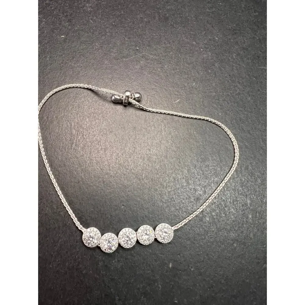 Sterling Silver CZ Halo Bolo Bracelet Adjustable Sparkle Slider Bracelet - Picture 5 of 15